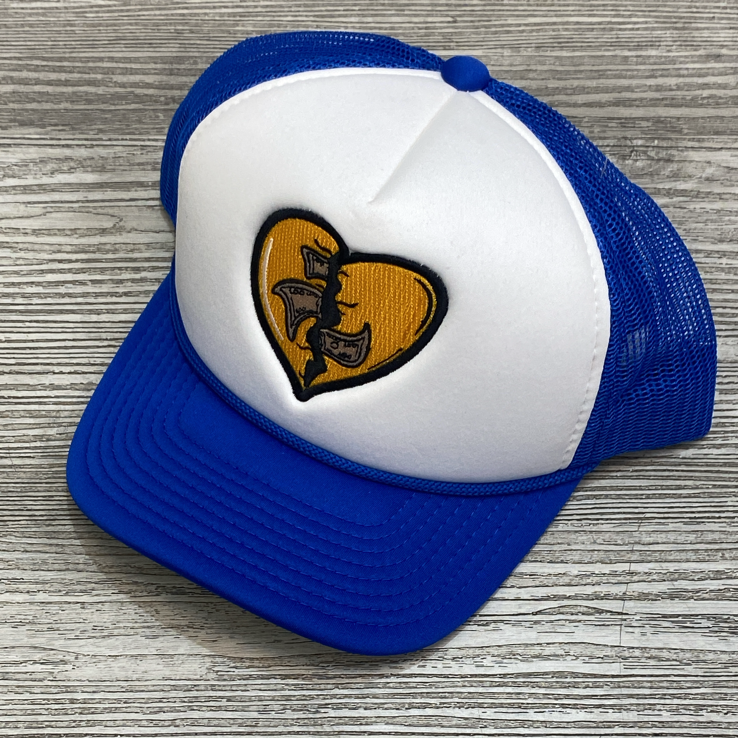 Planet of the grapes- heart trucker hat (white/blue)