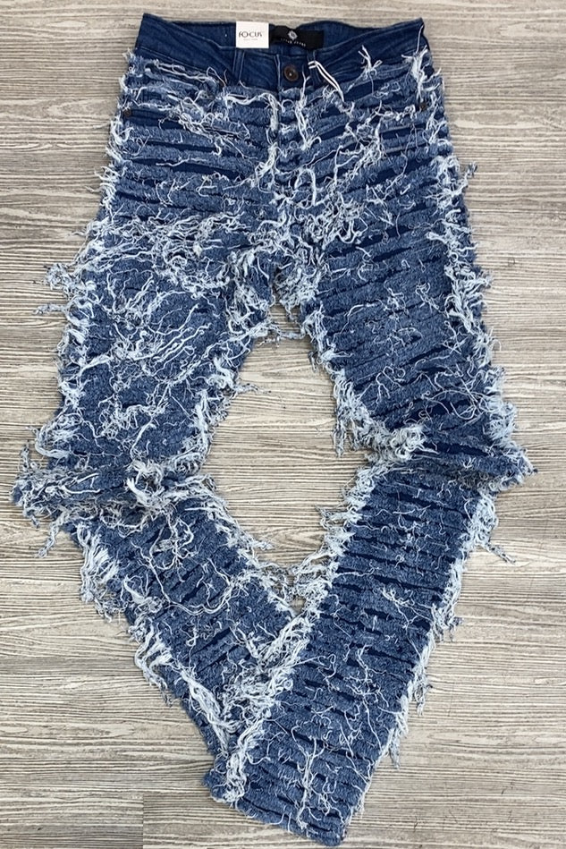 Focus- heavy rip & distressed stacked jeans(denim wash)