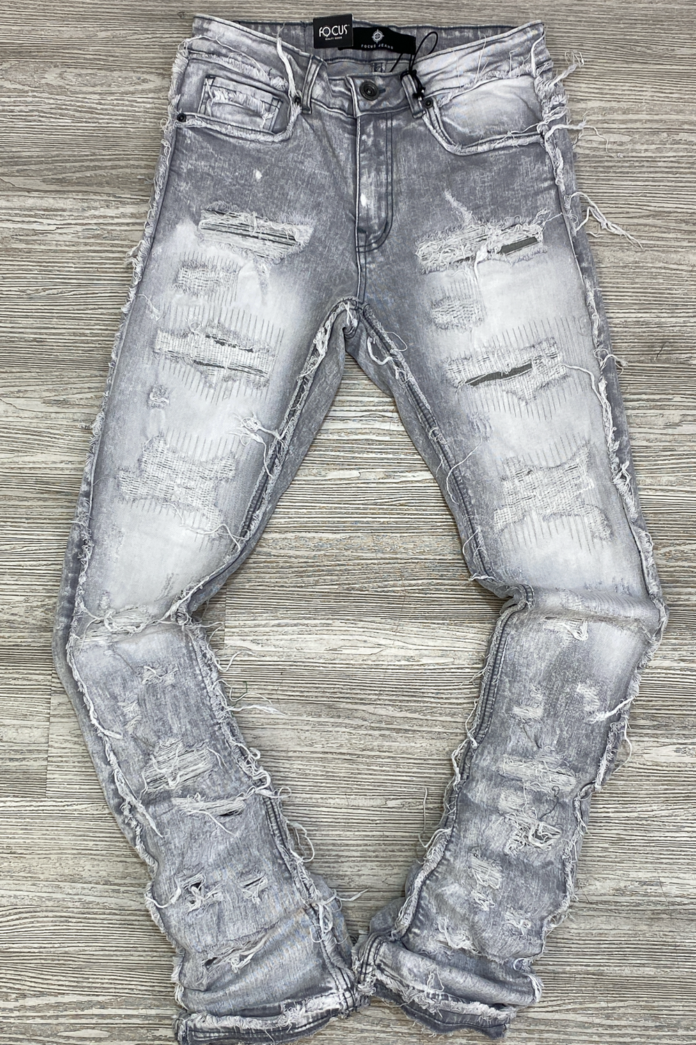 Focus- heavy distressed stacked jeans (lt grey)