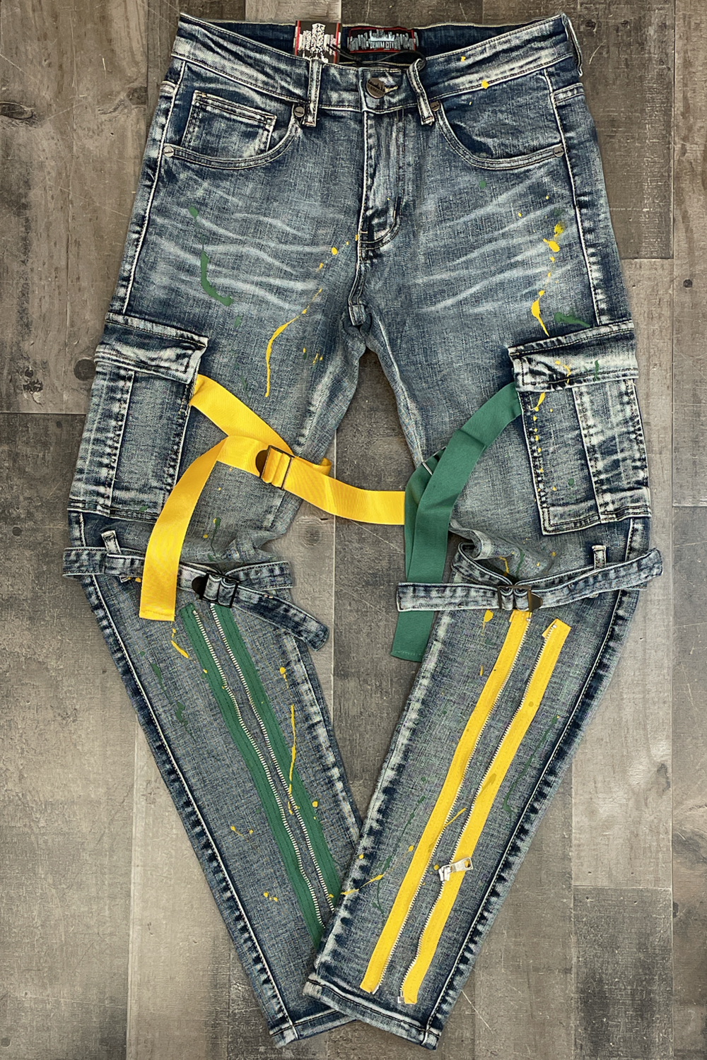 DENIMiCITY- light vintage wash tactical denim with green/yellow strap