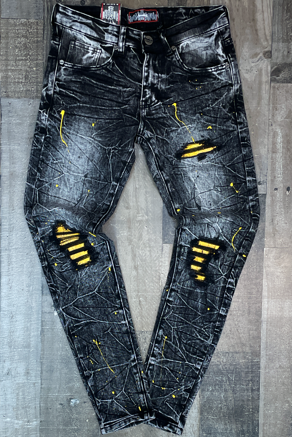 DENIMiCITY- black snow wash denim/yellow cobra patched jeans
