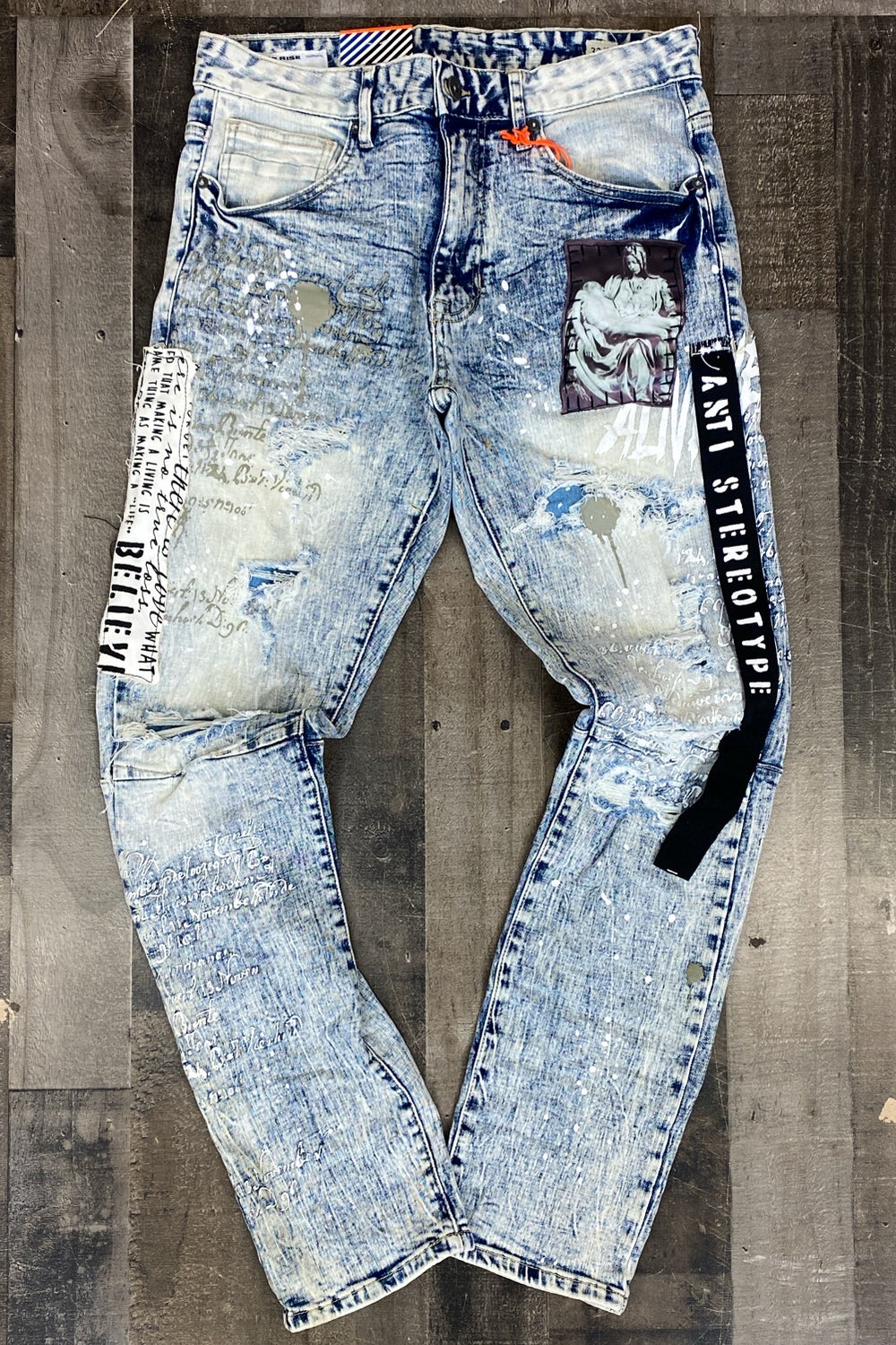 Smoke rise- collage patch jeans (black strap)