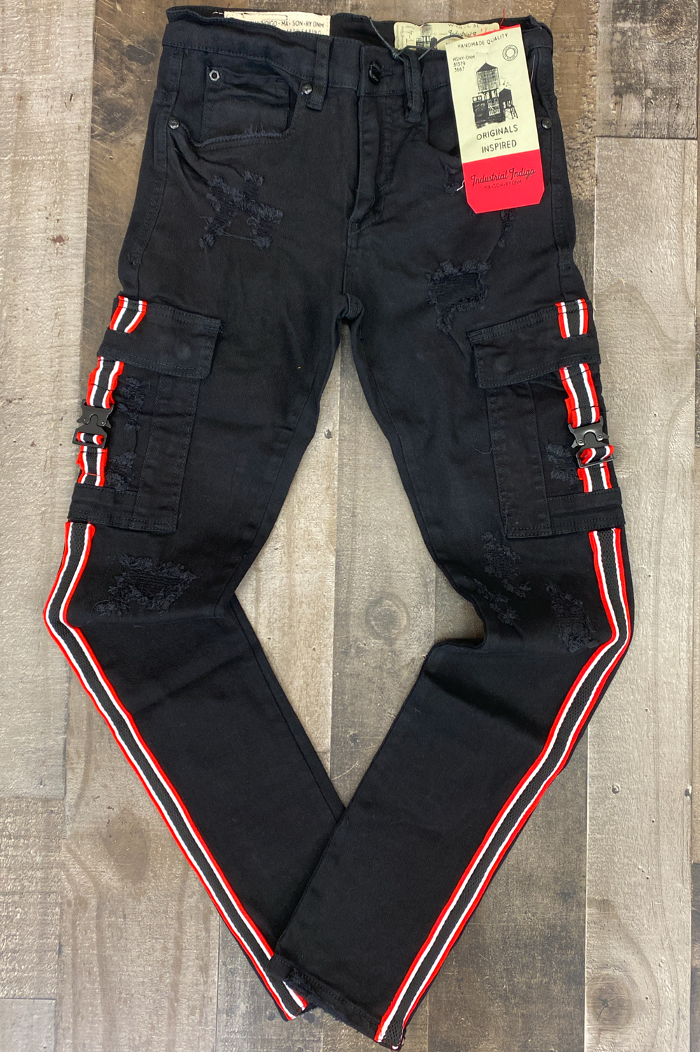 Industrial Indigo- striped jeans (red/black)