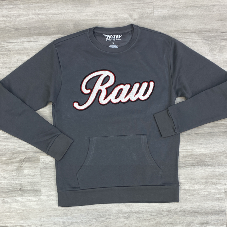 Rawyalty - cursive raw crewneck (grey/white/red)