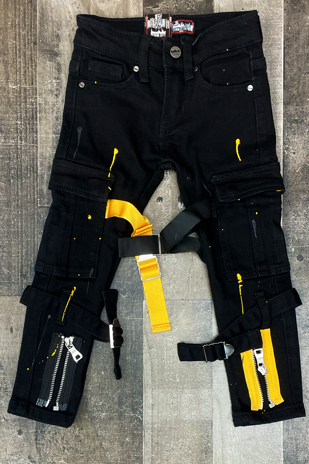 DENIMiCITY- jet black tactical denim jeans yellow/ black straps (kids)