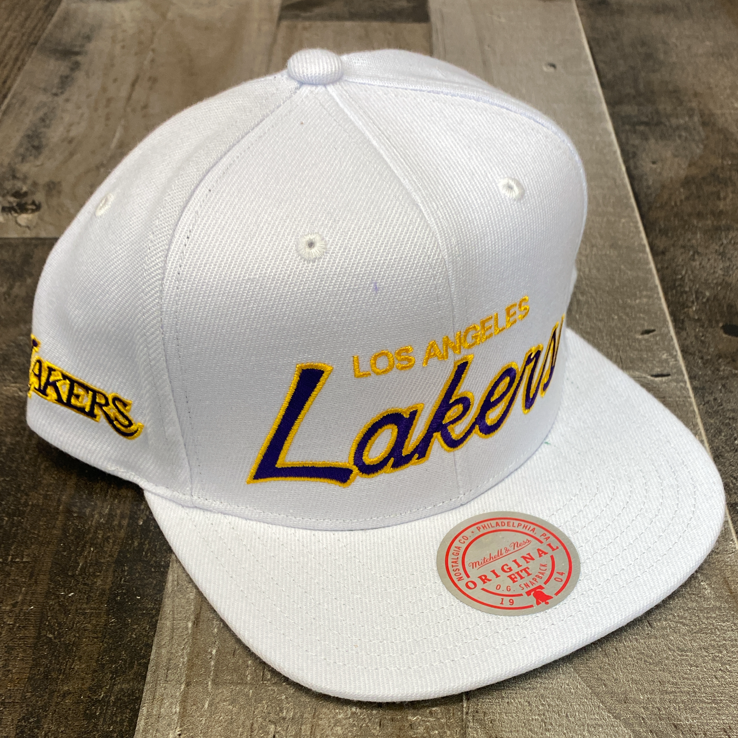 Mitchell & Ness- nba heritage script white snapback Lakers