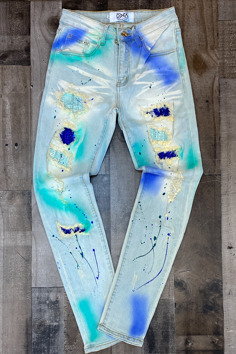 Dna Premium Wear- studded patch w/spray paint jeans (teal/blue)