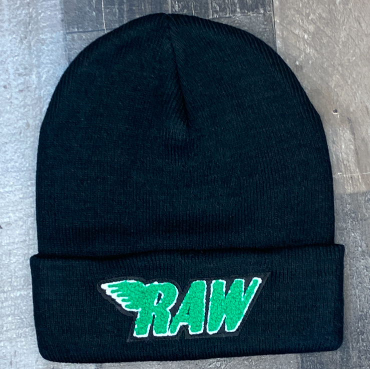 Rawyalty- raw chenille patch knit hat (black/green)