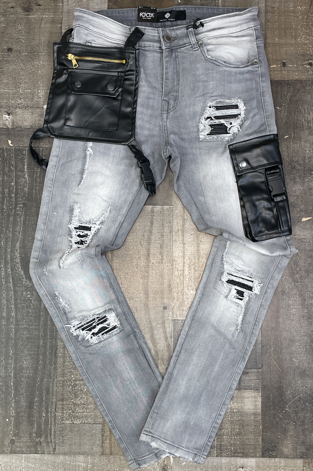 Focus- pu rip & repair cargo denim jeans