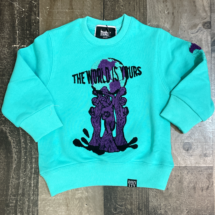 DENIMiCITY- the world is yours crewneck (teal/purple) kids
