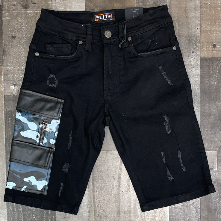 Elite- camo patch denim shorts (black)