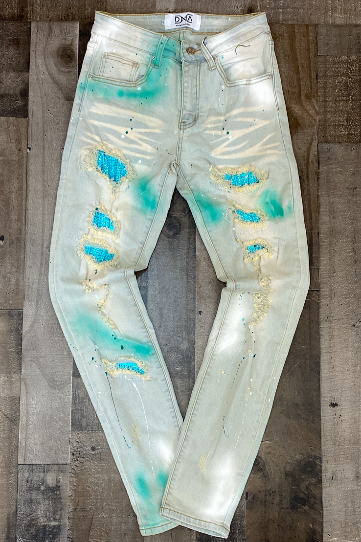 Dna Premium Wear- studded patch w/spray paint jeans (teal/white)