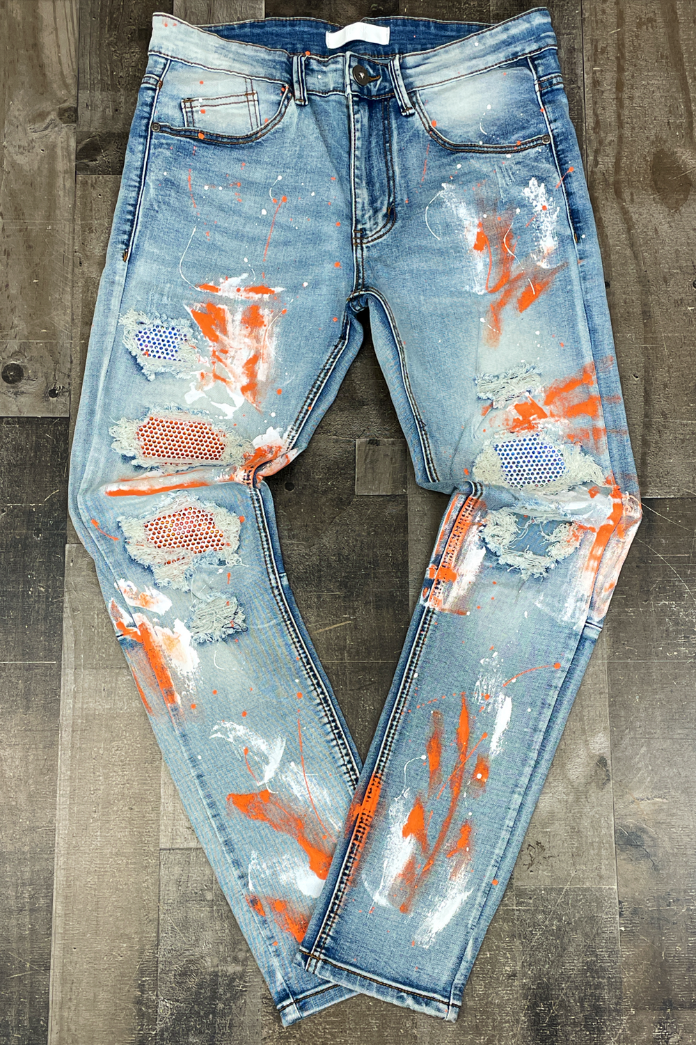 KDNK- multi rhinestone patched jeans