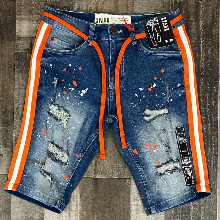 Spark- stripped denim paint splatter shorts