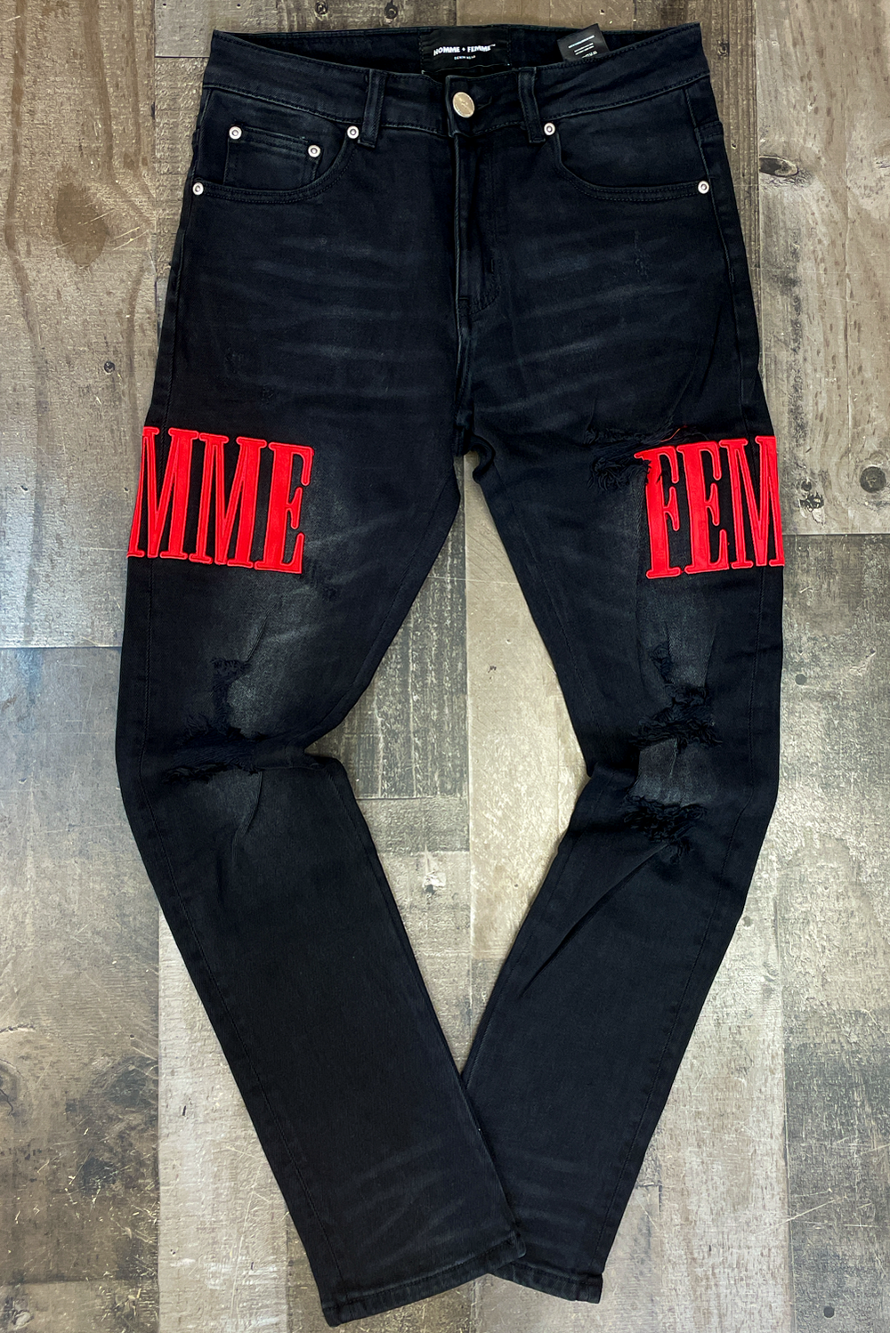 Homme Femme- letterman w/ red letters denim jeans