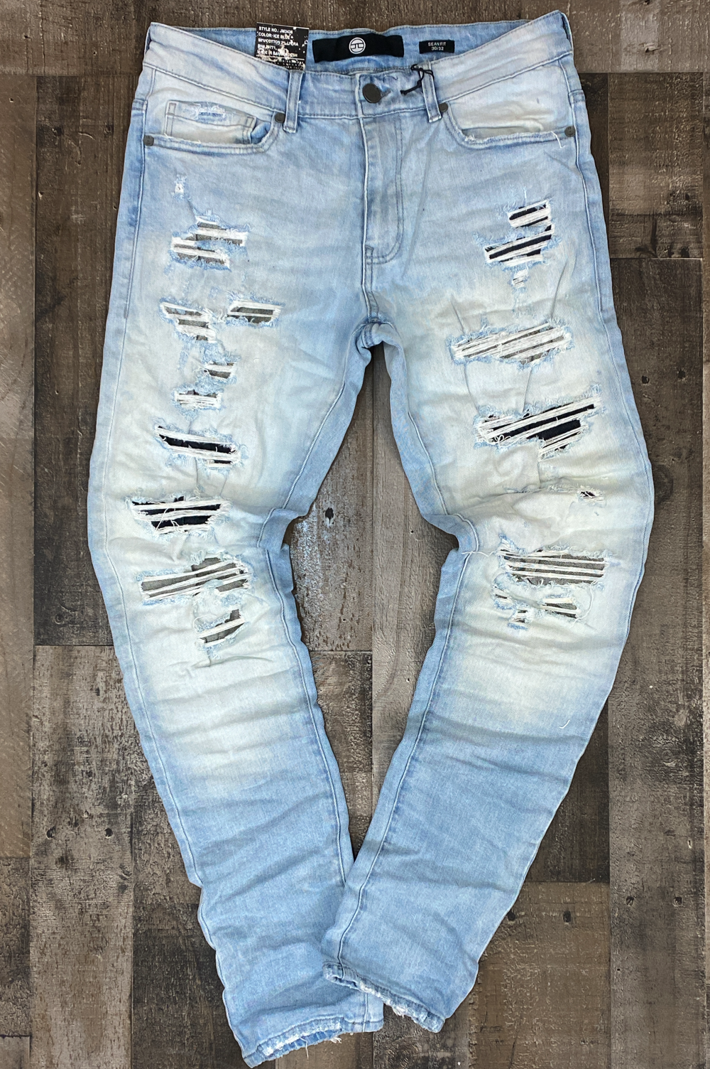 Jordan Craig- crinkled denim jeans w shreds (Sean)