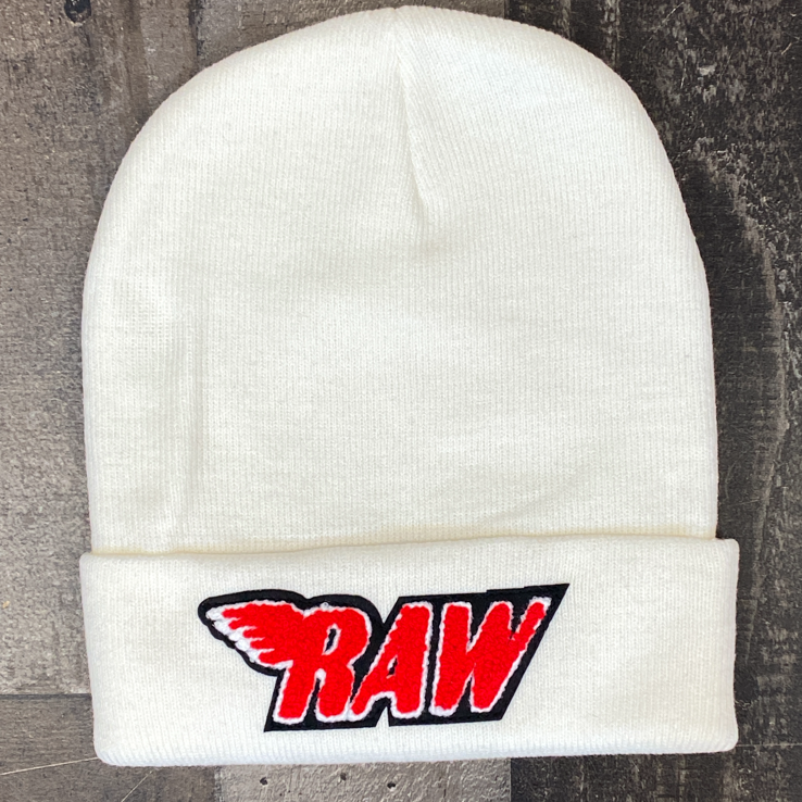 Rawyalty- raw chenille patch knit hat (cream/red)