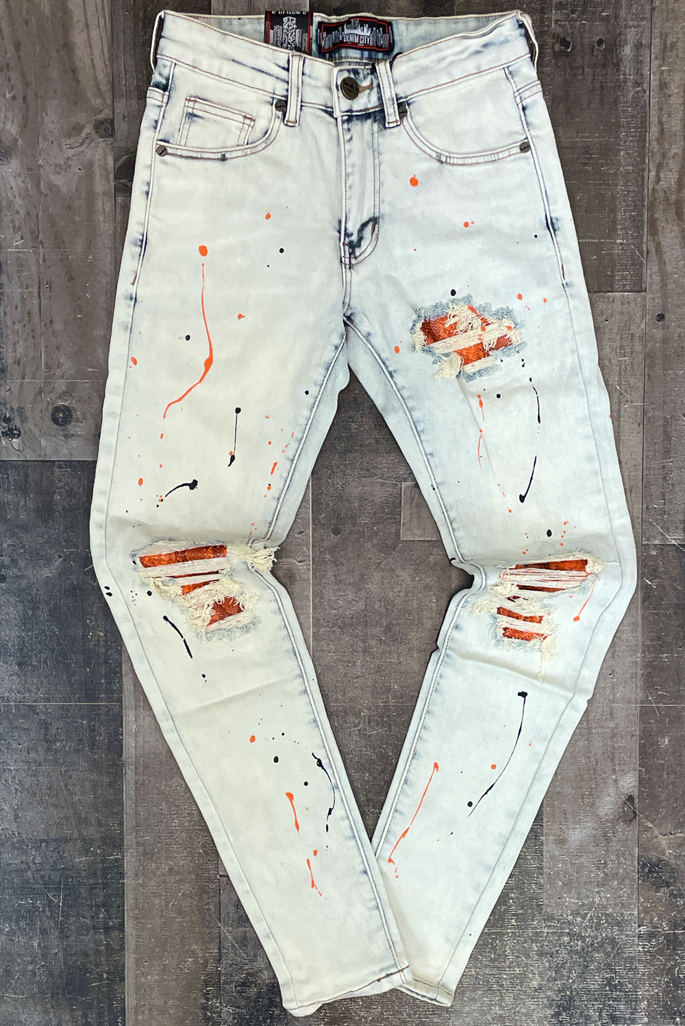 DENIMiCITY- light snow wash denim jeans/orange cobra patched