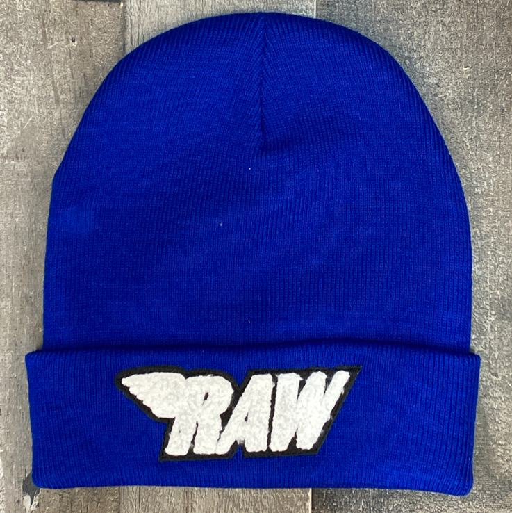 Rawyalty- raw chenille patch knit hat (blue/white)