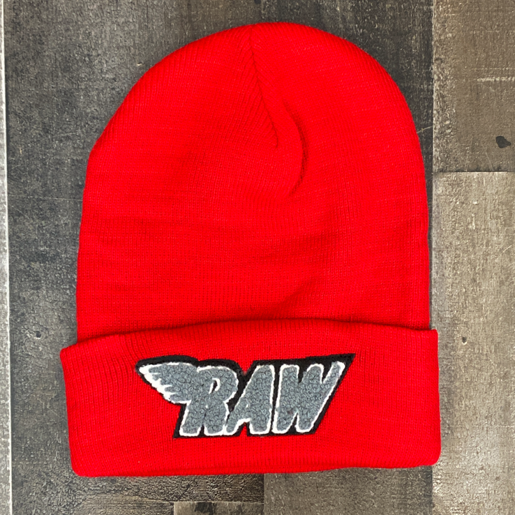 Rawyalty- raw chenille patch knit hat (red/grey)