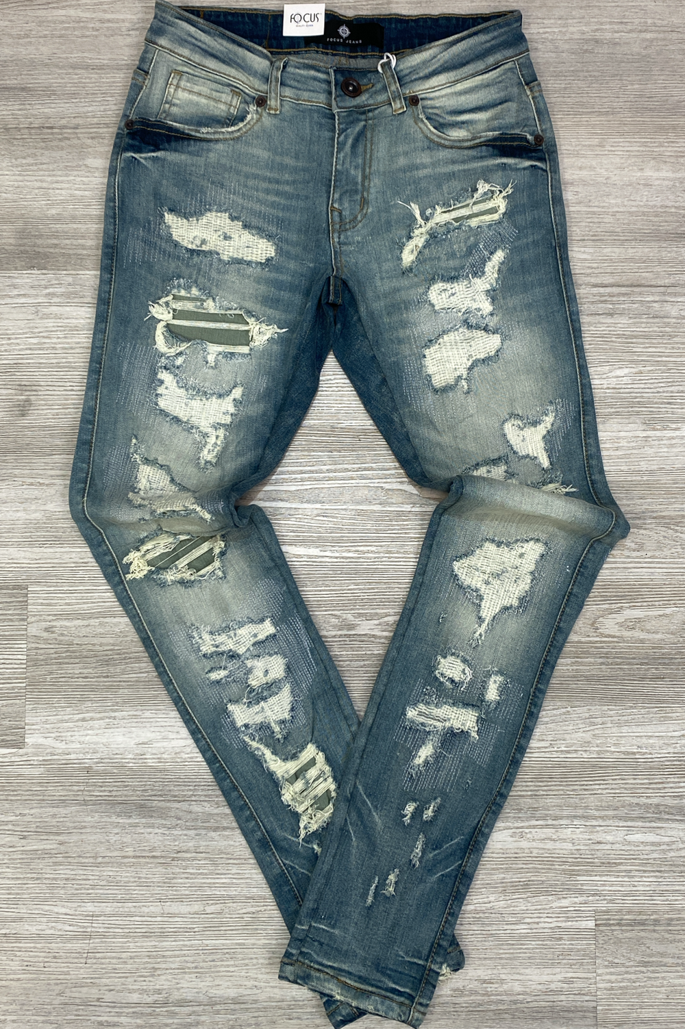 Focus- heavy distressed w/emb stitch denim jeans (vintage)