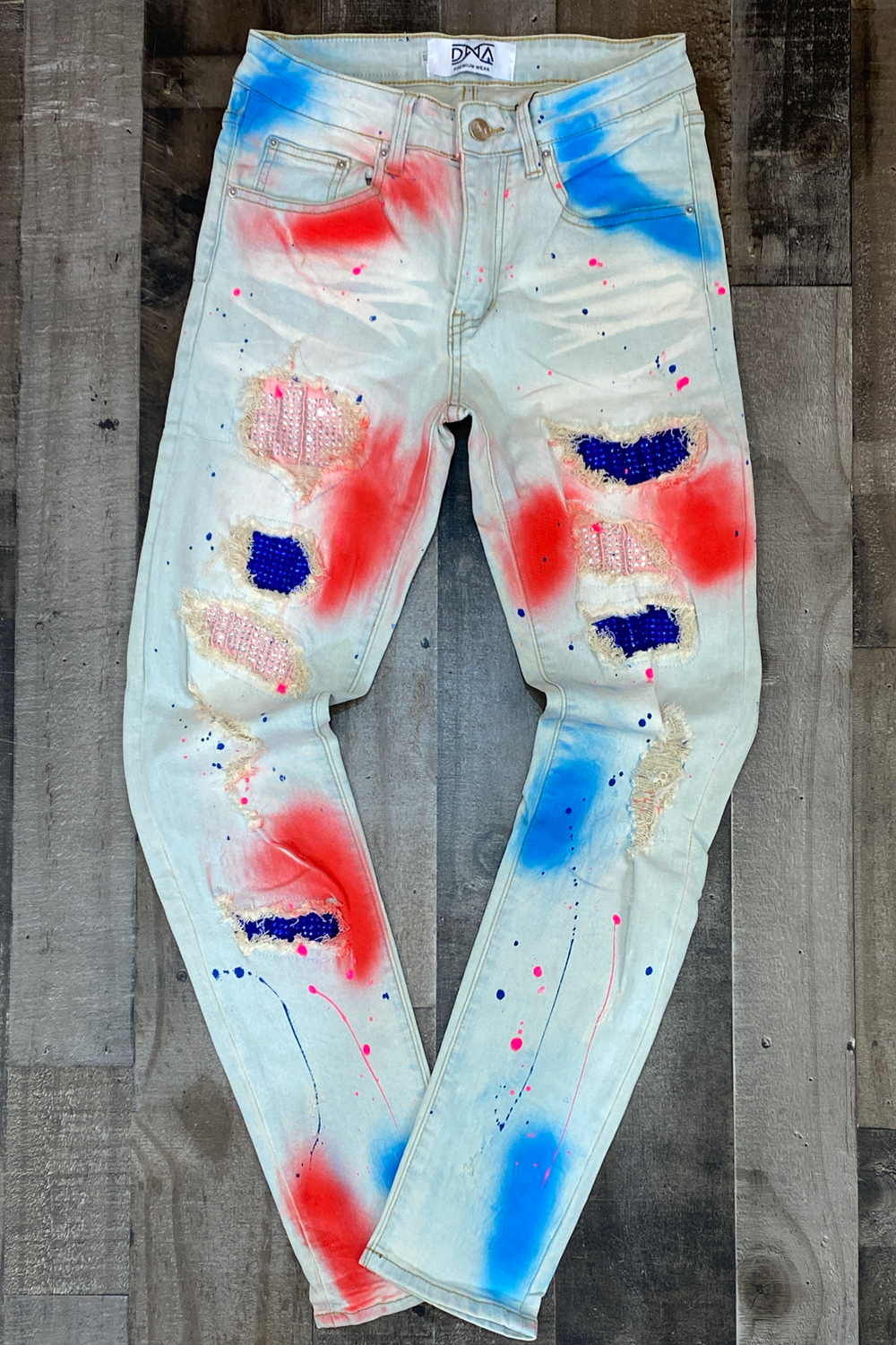 Dna Premium Wear- studded patch w/spray paint jeans (pink/blue/red)