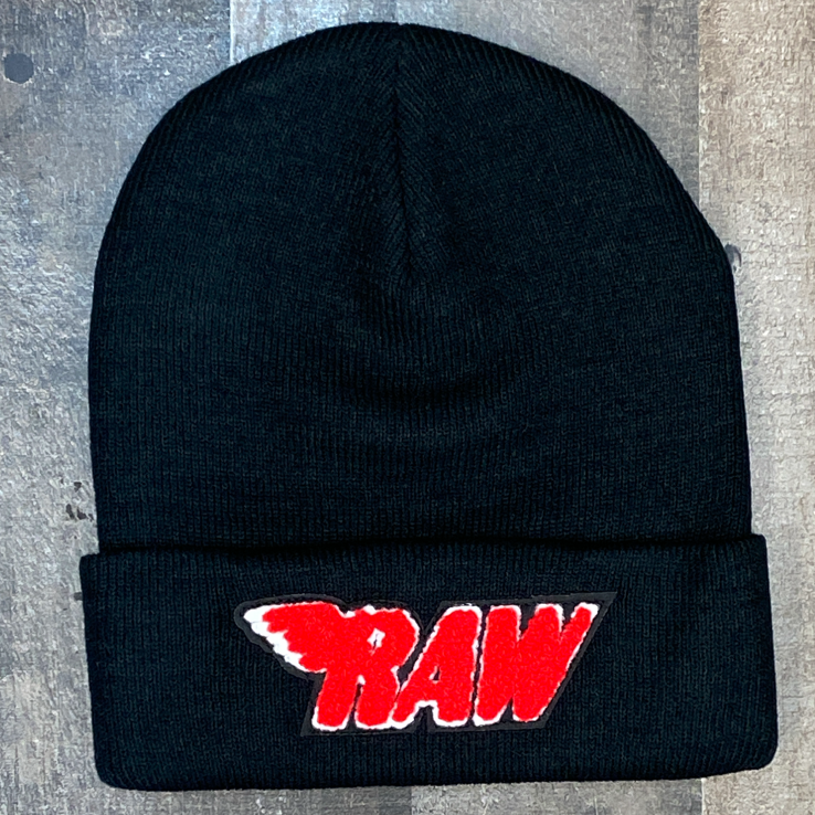 Rawyalty- raw chenille patch knit hat (black/red)
