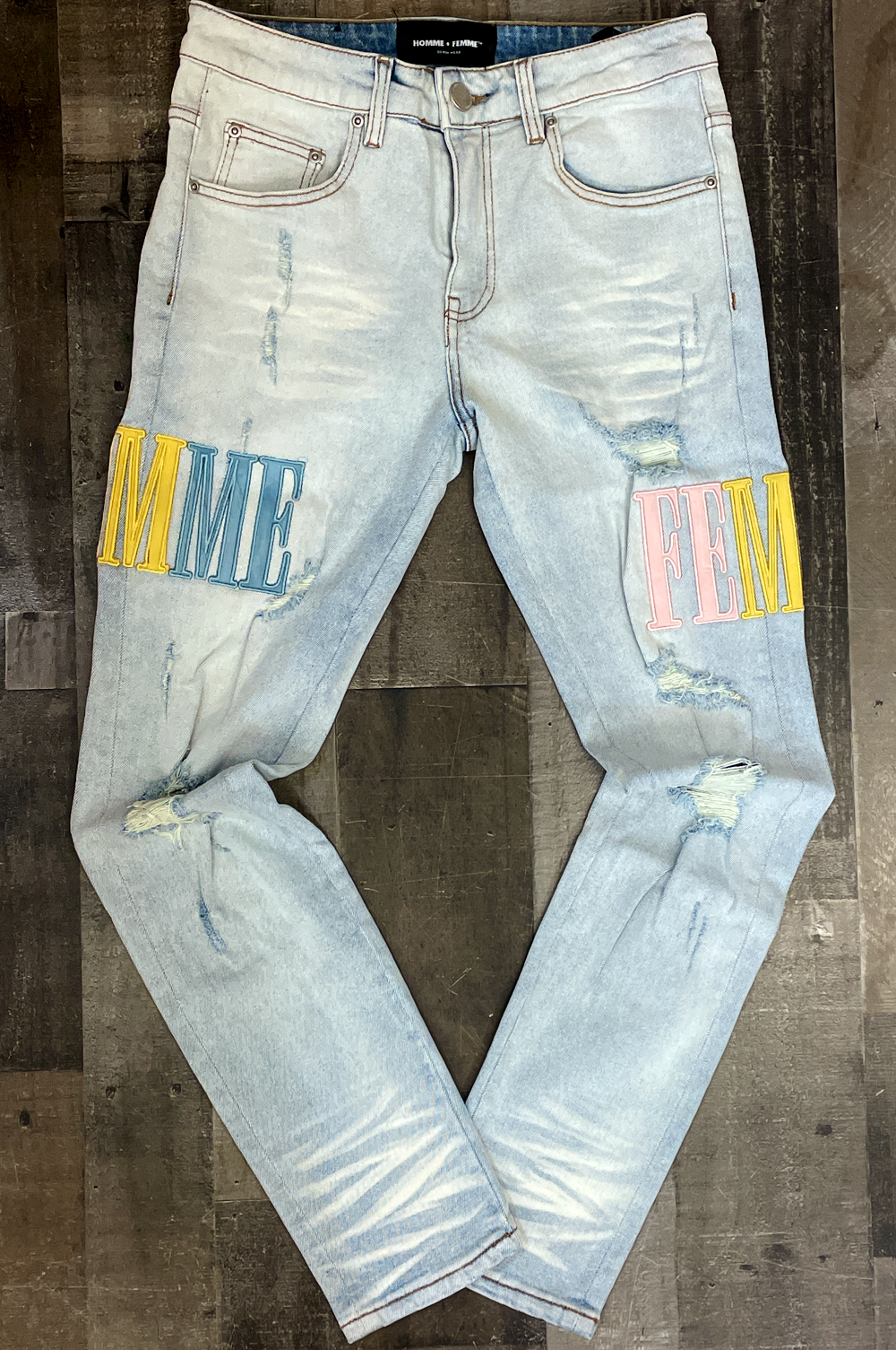Homme Femme- letterman w/ multi color letter denim jeans