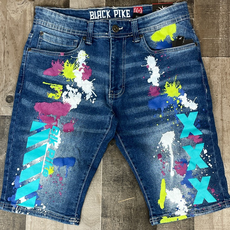 Black Pike- paint splatter w/ teal logo shorts