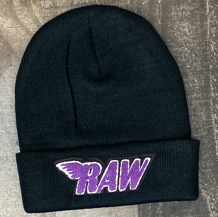 Rawyalty- raw chenille patch knit hat (black/purple)