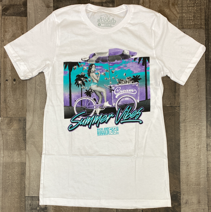 Rich & Rugged- summer vibes ss tee (white/teal)