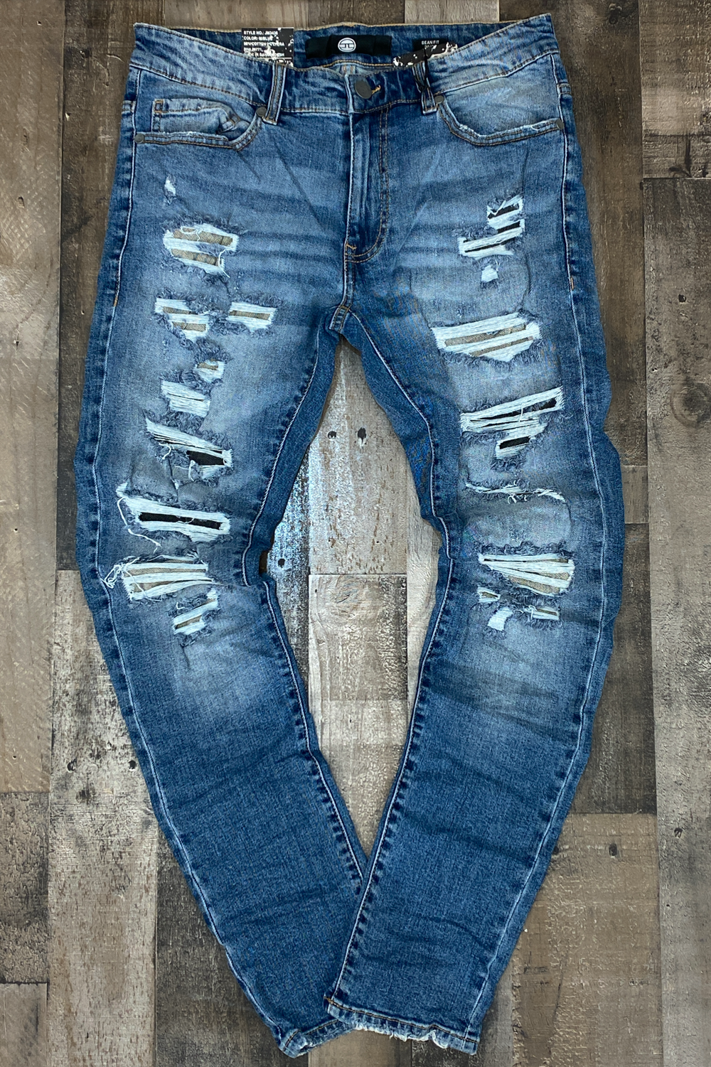 Jordan Craig- crinkled denim jeans w shreds