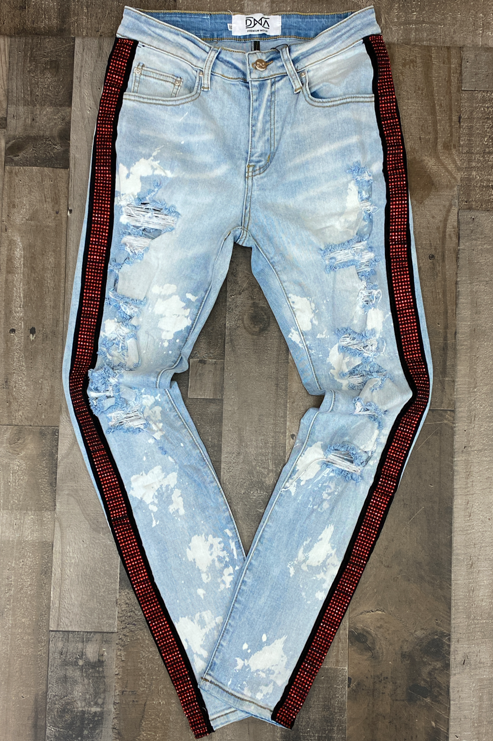 Dna Premium Wear- studded striped bleached denim jeans (red/black)