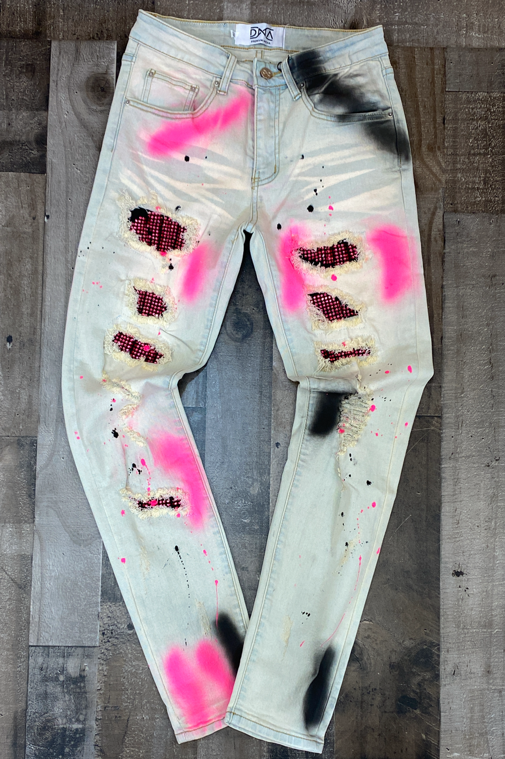 Dna Premium Wear- studded patch w/spray paint jeans (pink/black)