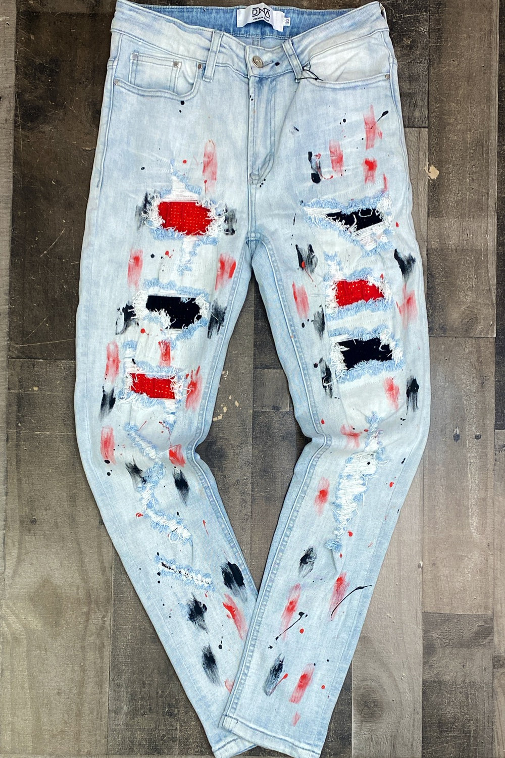 DNA Premium Wear- studded shredded jeans (red)