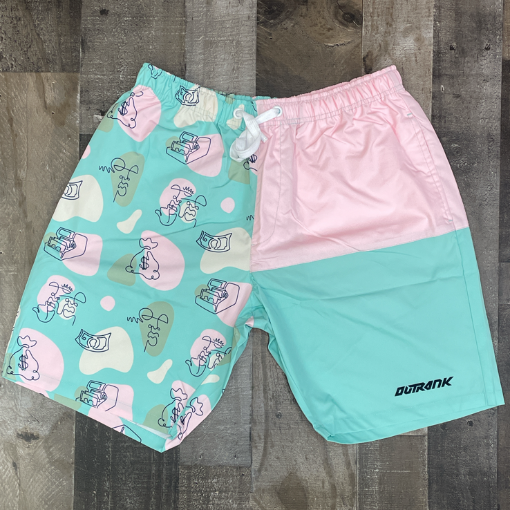 Outrank- money flows 8” inseam nylon shorts (Mint/Pink)