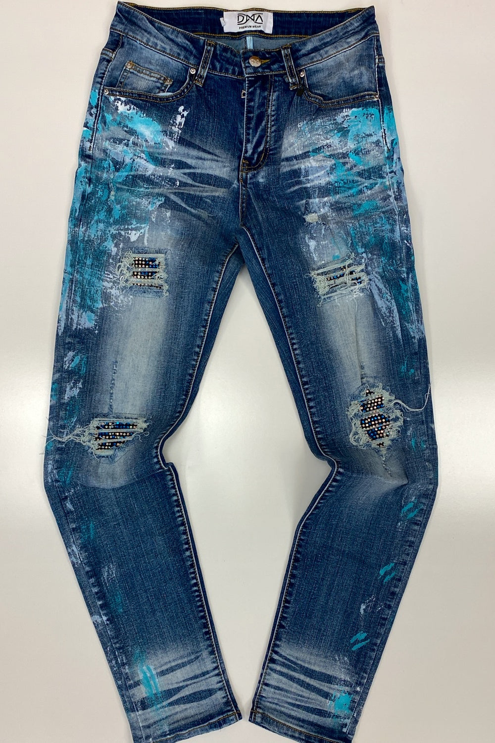 Dna Premium Wear- studded color patch jeans w/ blue and white paint