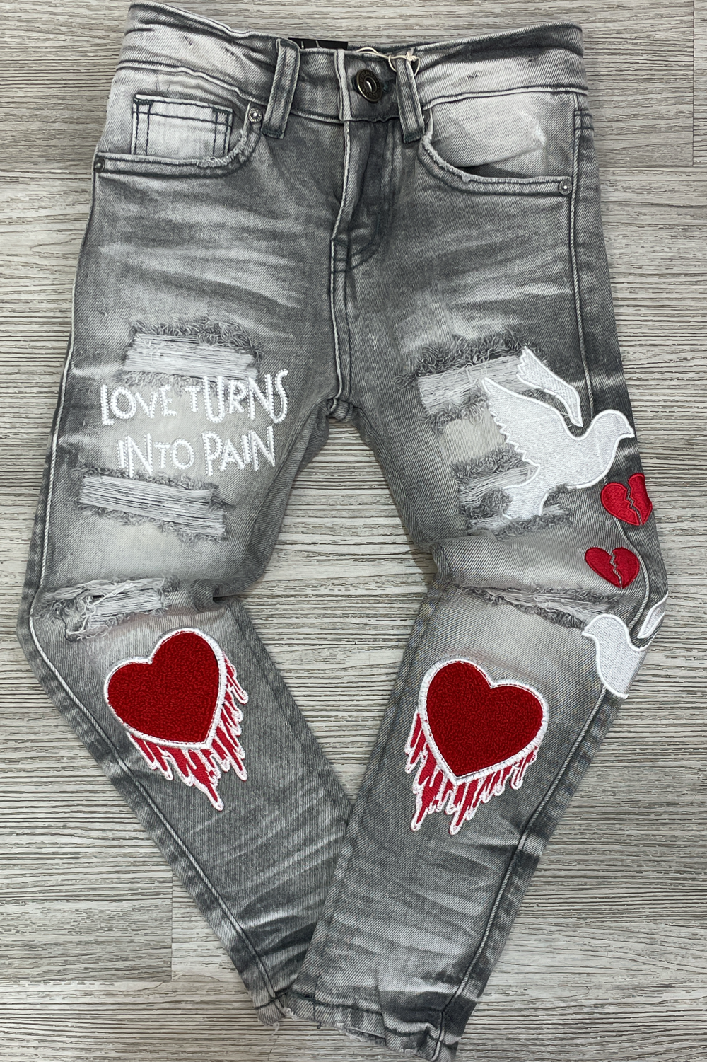 Focus- drip heart chenille patch denim jeans (grey)(kids)