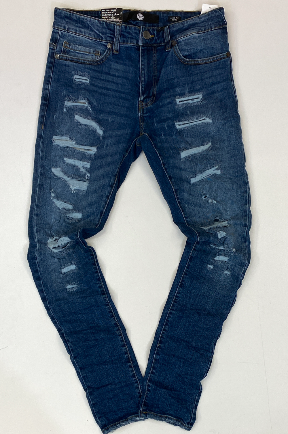 Jordan Craig- crinkled denim jeans with shreds