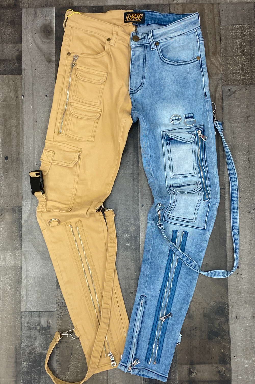 Locked Loaded- split strapped jeans (khaki/lt blue)