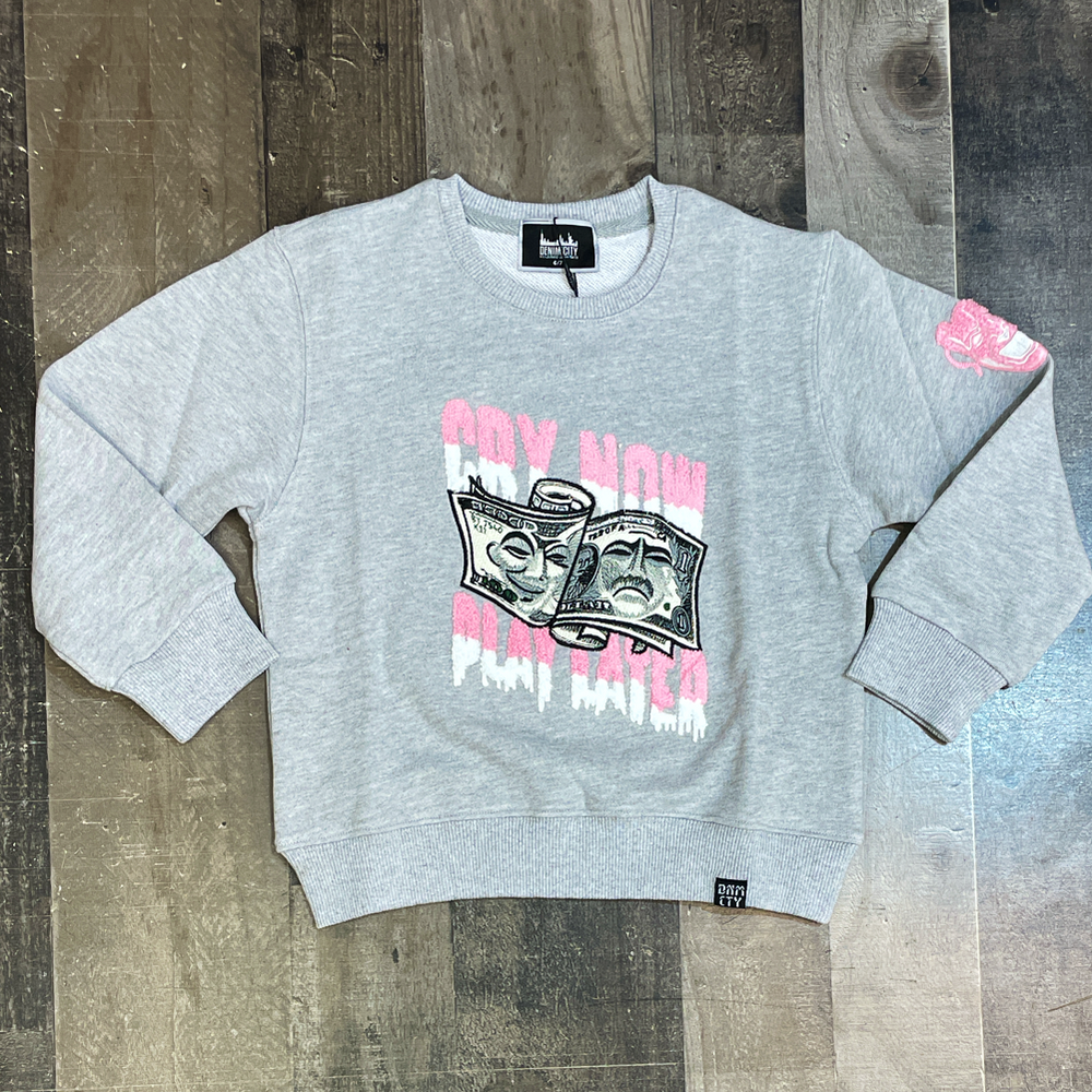 DENIMiCITY- cry now play later crewneck (grey/pink) kids